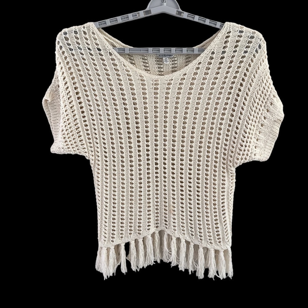 American Eagle Boho Ivory Open Knit Short Sleeve Sweater Fringe Women’s M